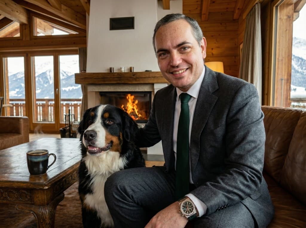 Smiling man in a grey suit with a green tie beside a Bernese Mountain Dog in a wooden chalet — leather sofa, stone fireplace, mug on a carved table, snowy Alps through the window