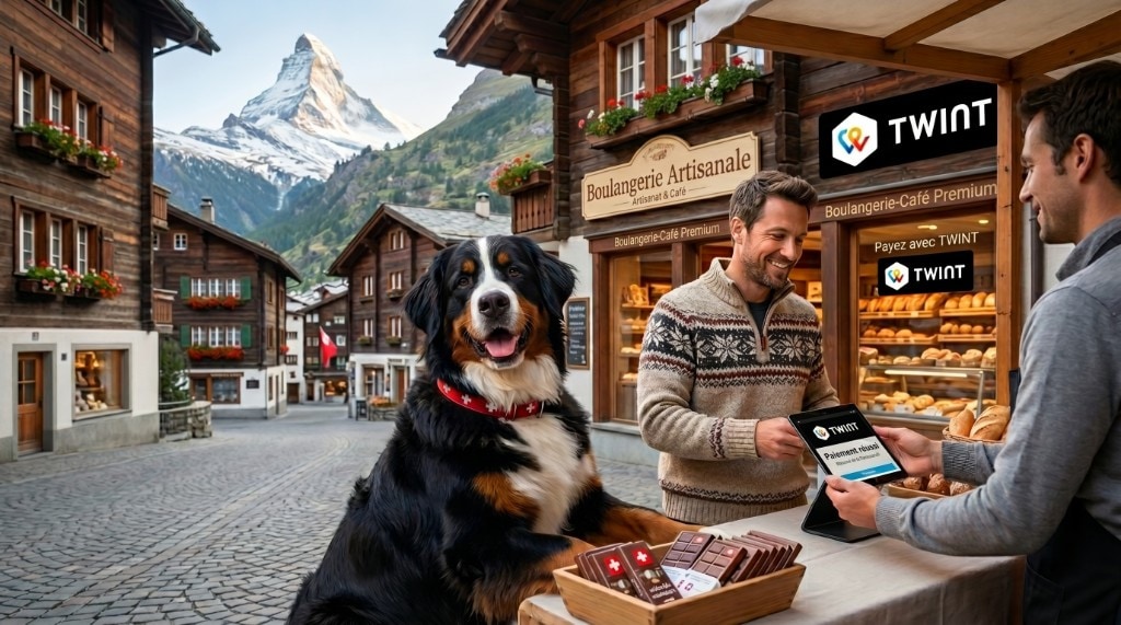 Swiss village street with the Matterhorn: Bernese Mountain Dog with a Swiss-cross collar, craft bakery with TWINT signage, customer completing payment on a tablet (success screen), Swiss chocolate on the counter — local commerce and TWINT