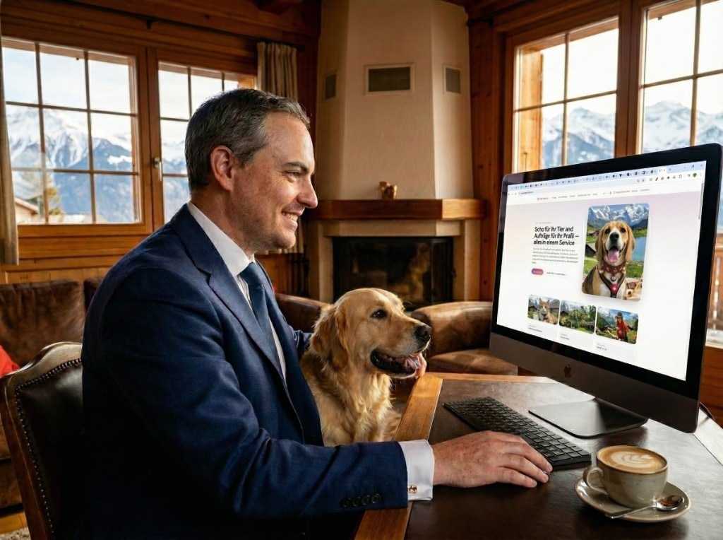 Pet owner in a suit with a Golden Retriever at an iMac showing MyPetSitter — cosy room with coffee on the desk and snowy mountains through the window