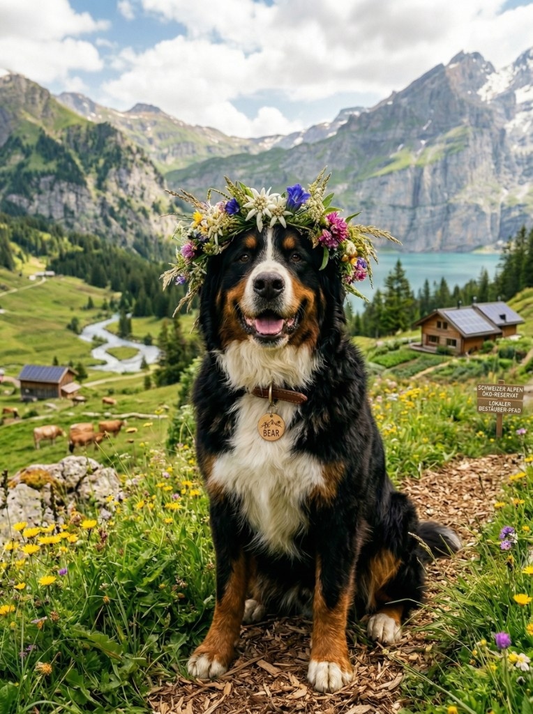 Bernese Mountain Dog with a wildflower crown on an alpine path — turquoise lake, Matterhorn-style peaks, Swiss eco-reserve sign, chalet and grazing cows — wellbeing, nature and local care